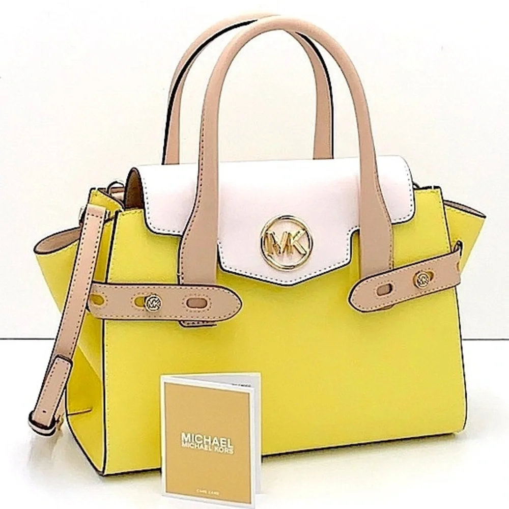 MICHAEL KORS Carmen Medium Color-Block Faux Saffiano Leather Belted Satchel